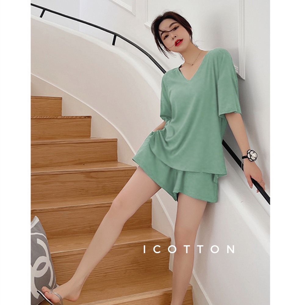 Bộ đồ cộc tay nữ iCotton dáng rộng basic cao cấp áo thụng tay lỡ, quần đùi mặc nhà, đi chơi thoải mái có bigsize