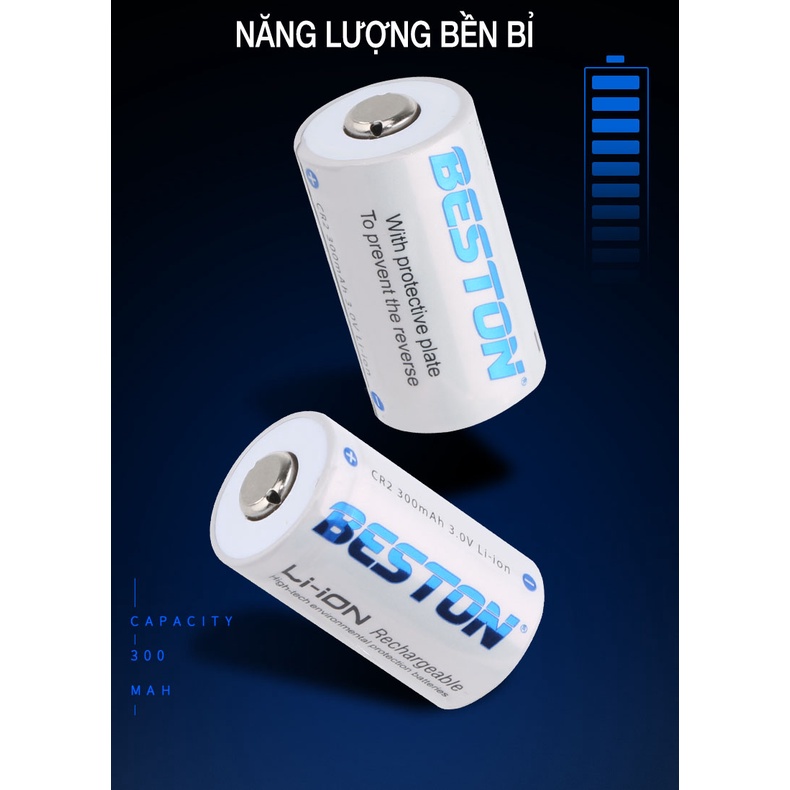 Vỉ 02 Pin Sạc CR2 Beston 300mAh dùng cho máy ảnh, máy đo khoảng cách, gậy chơi gold, ống nhòm (hàng chính hãng)