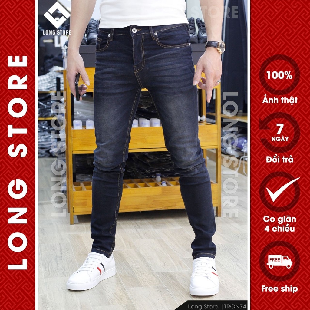 Quần jean nam trơn màu xanh đậm cao cấp ống đứng dáng ôm skinny chất bò co giãn đẹp chuẩn Hàn Quốc Tron74