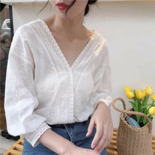 Áo sơ mi cổ V ren ( Hàng order ) hagauorder