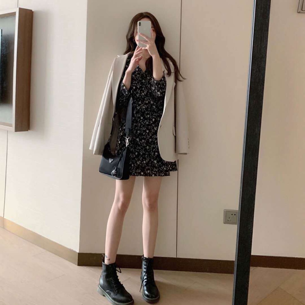 Đầm COZOKC tay dài cổ chữ V họa tiết hoa phong cách Pháp