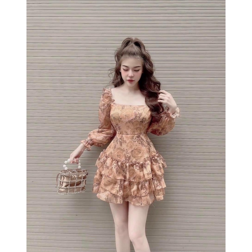 (Free ship) Đầm Voan Hoa Văn Tay Dài Váy Tầng Cực Xinh UP HHP Fashion