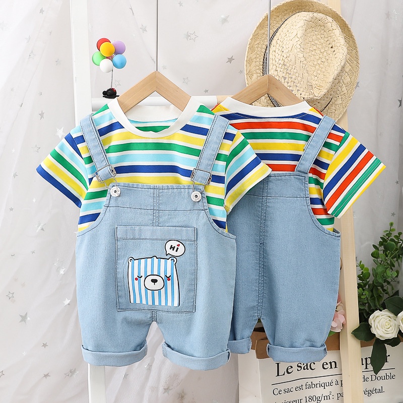 Set Yếm Jean Denim Kèm Áo Thun Cho Bé Trai Bé Gái Từ 0-3 Tuổi, Bộ 2 Món Áo Thun Quần Yếm Họa Tiết Chú Gấu Ngộ Nghĩnh