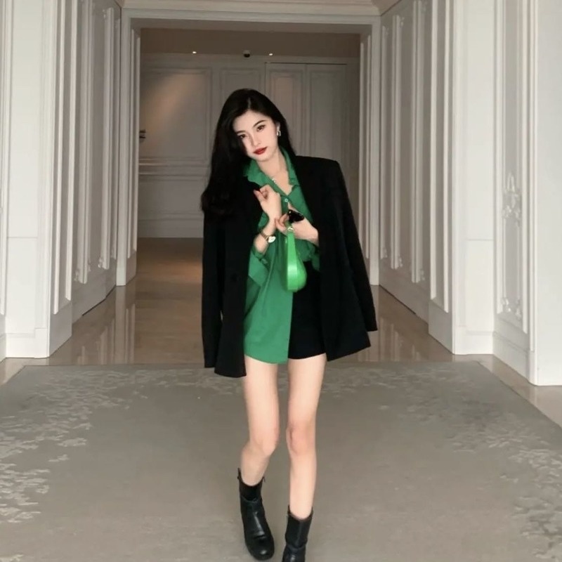 Áo Sơ Mi Mỏng Dáng Rộng Màu Xanh Lá Phong Cách Hong Kong Thời Trang Mùa Xuân Cho Nữ