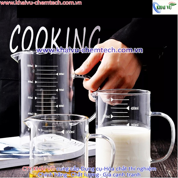 Cốc ly thủy tinh chịu nhiệt chia vạch đo lường CÓ QUAI CẦM