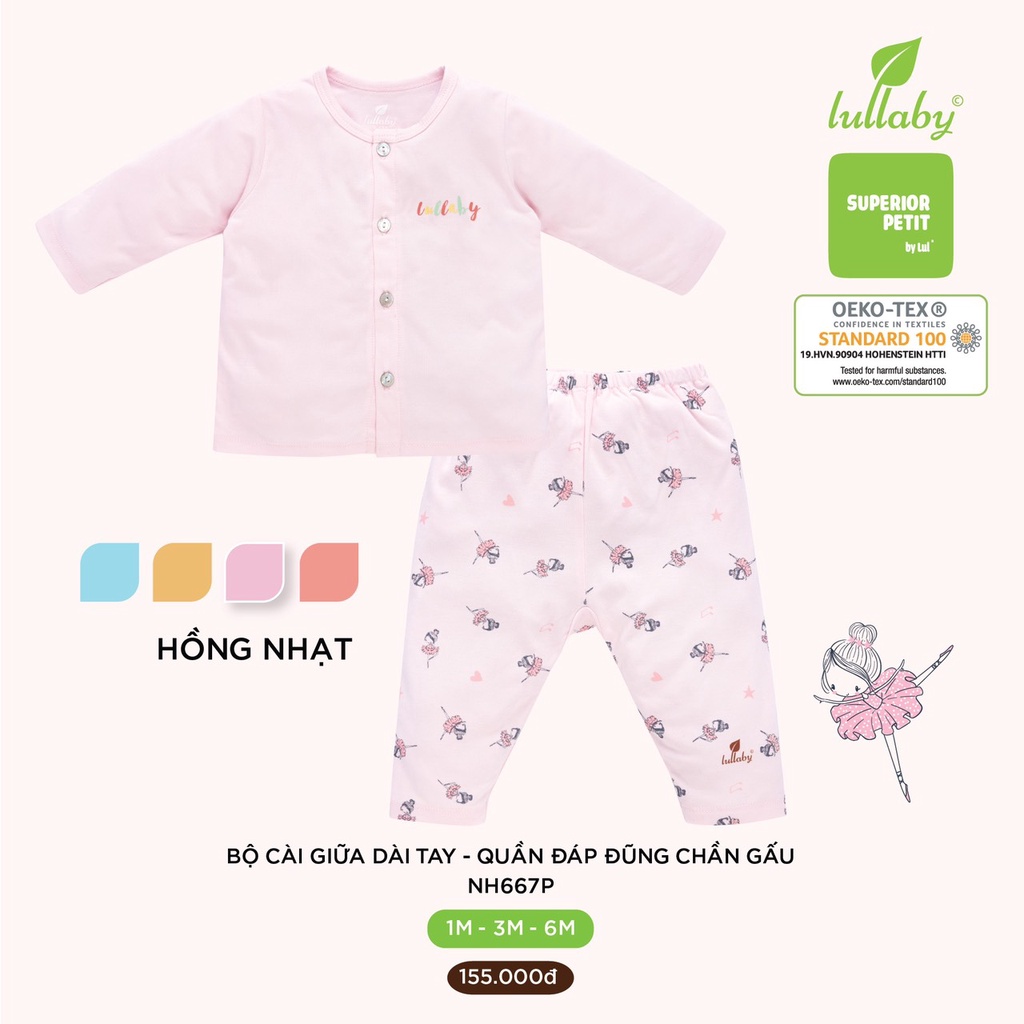 Bộ Lullaby Premium petit cao cấp mềm mịn dài cài giữa quần họa tiết trơn thoáng mát thấm hút tốt bé trai bé gái NH667P