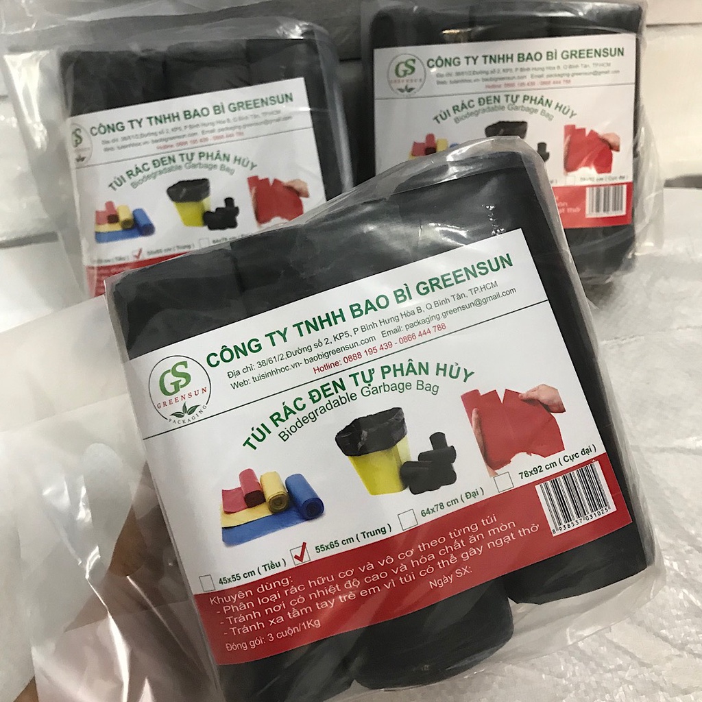 [Combo 10 Ký] Túi Rác Đen Tự Phân Hủy GREENSUN Đủ Size - Bịch 1 Ký/ 3 cuộn (Bibistore)