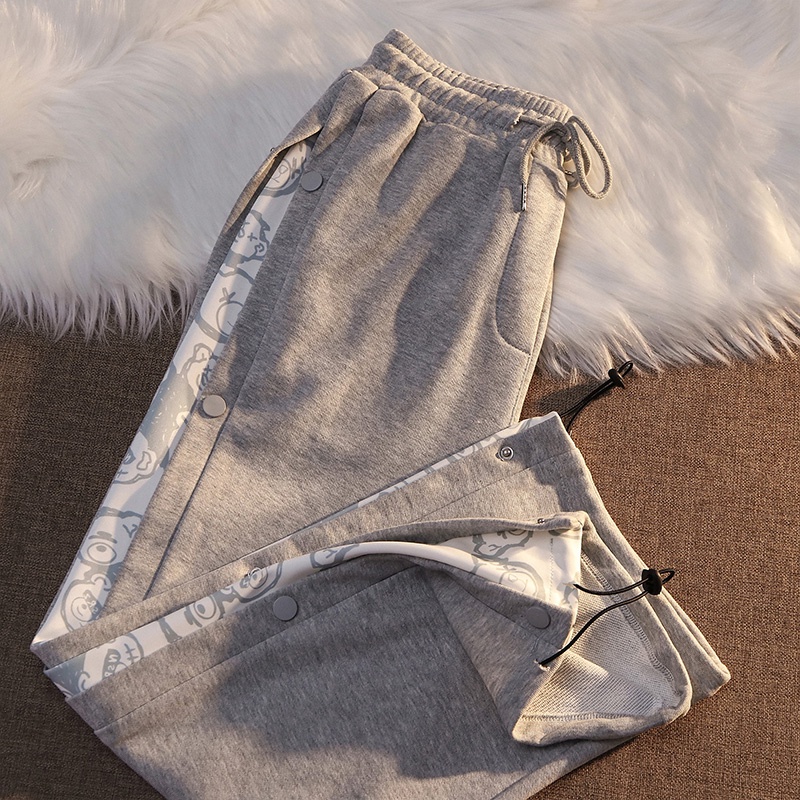 Quần dài IELGY dáng rộng thiết kế mỏng họa tiết gấu phong cách Hàn Quốc