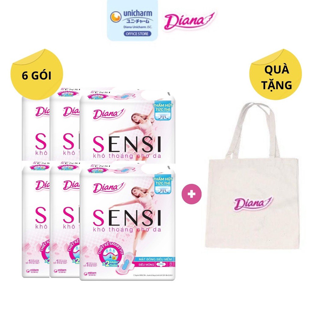 Combo 6 gói Băng vệ sinh Diana Sensi siêu mỏng cánh gói 8 miếng tặng kèm 1 túi Canvas