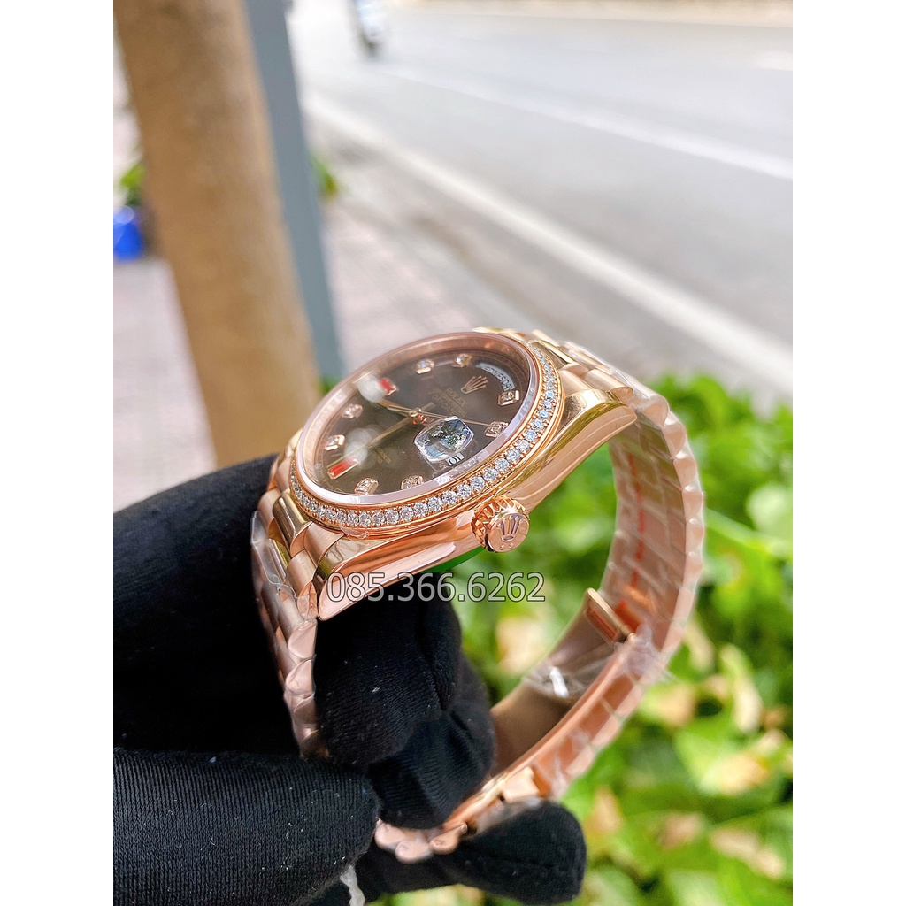 Đồng hồ nam Rolex cơ Automatic máy nhật mẫu Classic 2 lịch nâu cafe viền đá dây vàng hồng size 40-41mm