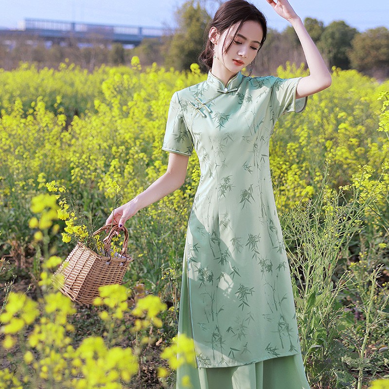 ◆qipao phiên bản cải tiến váy nữ mùa hè 2021 mới mặc hàng ngày cô gái trẻ tính khí retro màu xanh lá cây