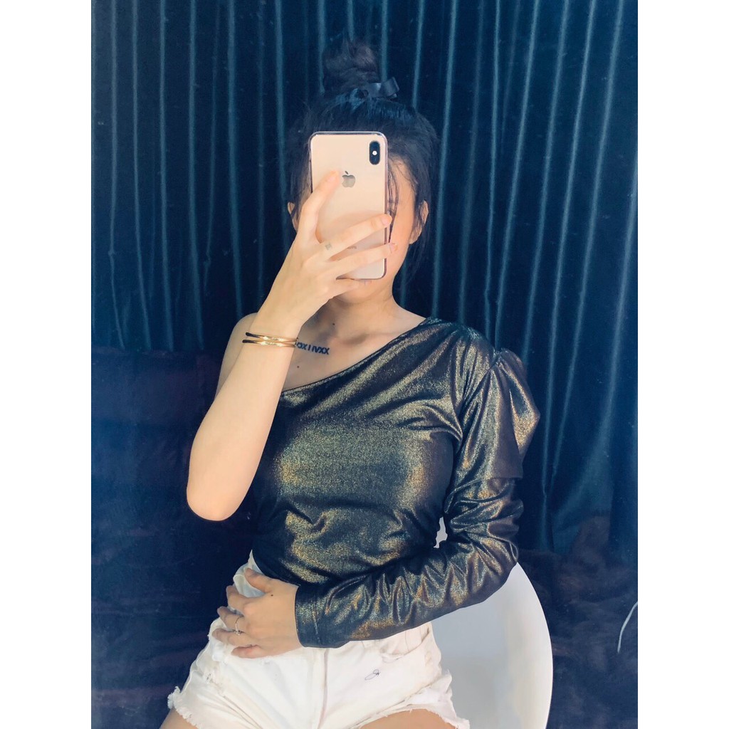 Áo lệch bờ vai chất thun nhũ siêu sang chảnh