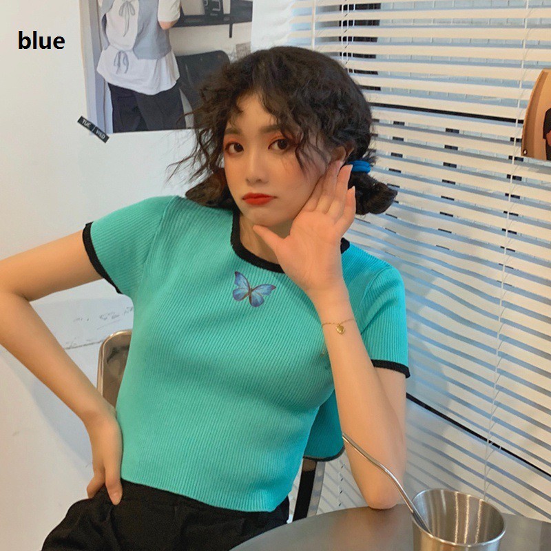 Korean Butterfly Print Short-sleeved Knitted Short-sleeved T-shirt