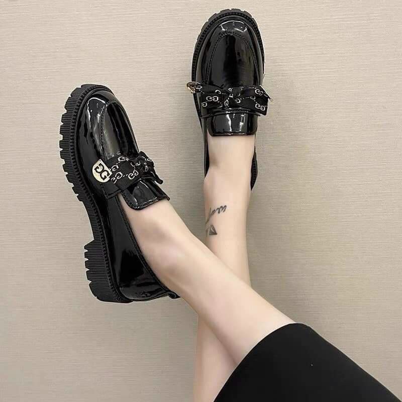 Giày lười đi học nữ nơ vải đế 3p,hài búp bê mũi tròn đế đốc da sần hót hít rẻ đi chơi đẹp ảnh thật