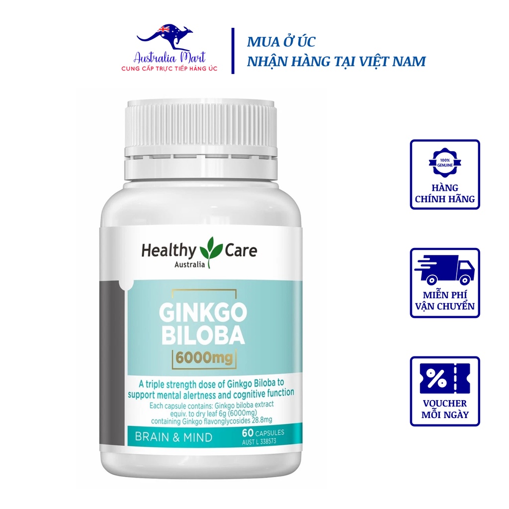Viên Uống Bổ Não Healthy Care Ginkgo Biloba Úc 6000mg Hỗ Trợ Tăng Tuần Hoàn Máu Não, Cải Thiện Nhận Thức, Trí Nhớ 60 Viê