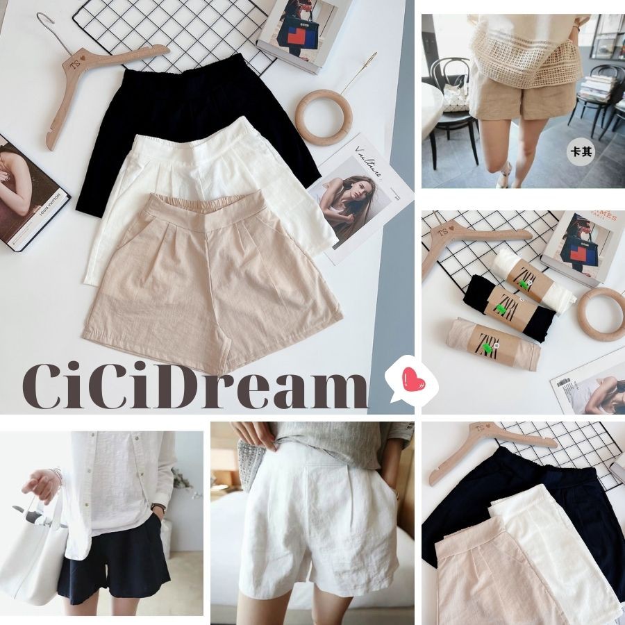 Quần đùi nữ đũi cạp liền chun lưng phong cách Hàn Quốc 3 màu đen trắng be, Quần Shorts Nữ chất Đũi form rộng dáng váy