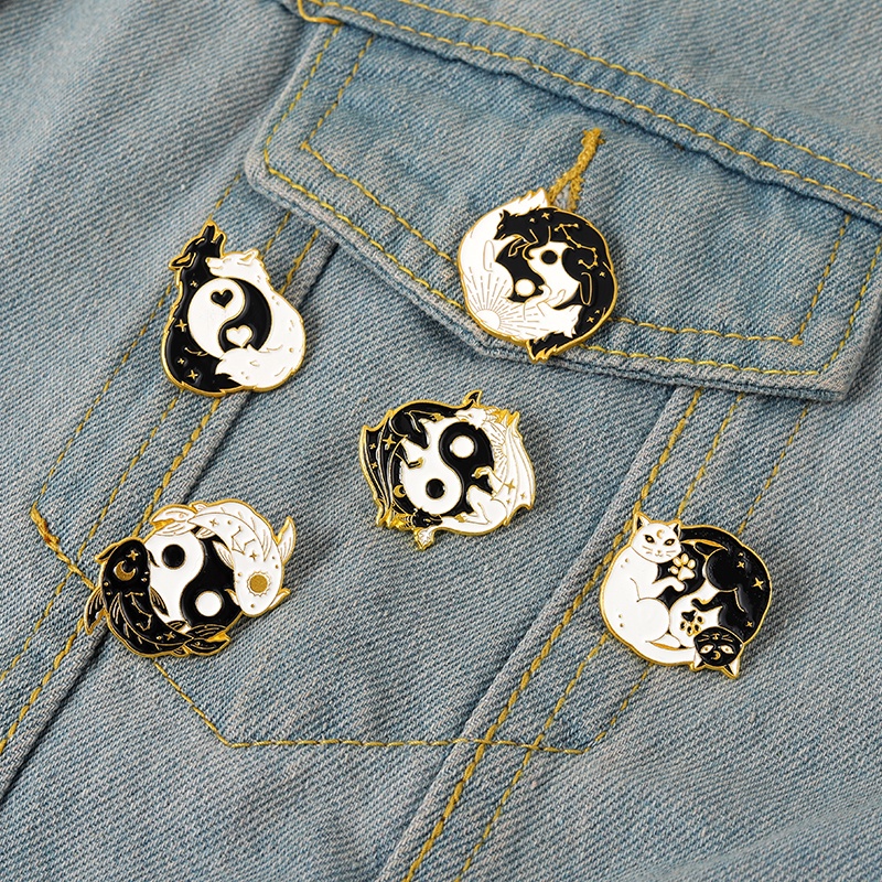 Huy hiệu cài áo QIHE JEWELRY hình mèo / sói / rồng trắng đen độc đáo sáng tạo