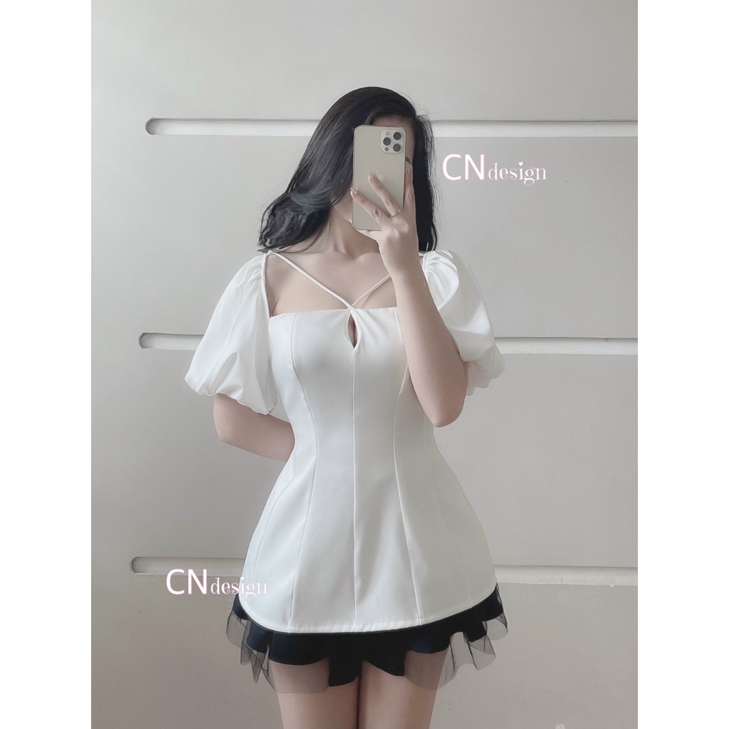 Áo Trễ Vai Tay Bồng Trơn Màu Áo Nữ Cổ Vuông Có Dây Mặc Được Nhiều Kiểu