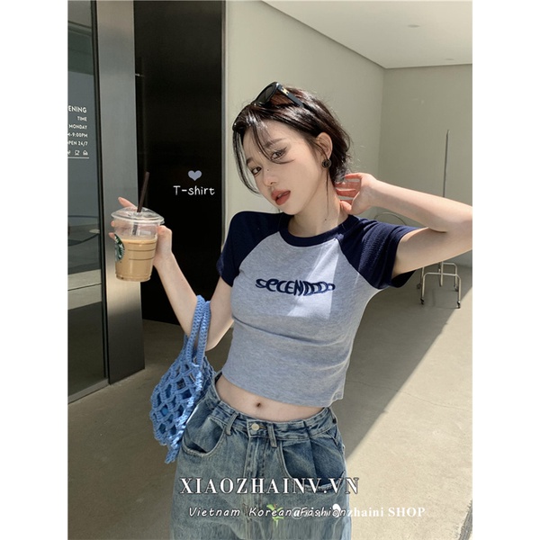 Áo thun XIAOZHAINV tay ngắn cổ tròn dáng ôm phong cách Hàn Quốc quyến rũ cho nữ
