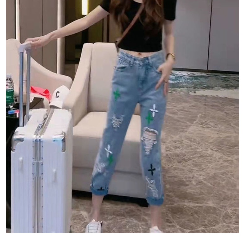 Net red cross pattern ripped jeans women's new summer large size small tall waist thin straight tube daddy pants