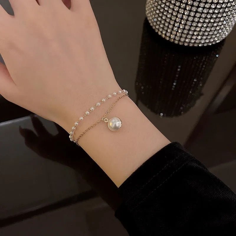 Vòng Tay Hai Lớp Đính Hạt Ngọc Trai Nhân Tạo Màu Vàng Bạc Thời Trang Hàn Quốc