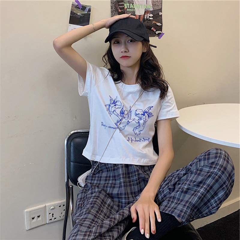 Áo Thun Croptop Cổ Tròn In Hình Thiên Thần Dễ Thương Cho Bạn Nữ