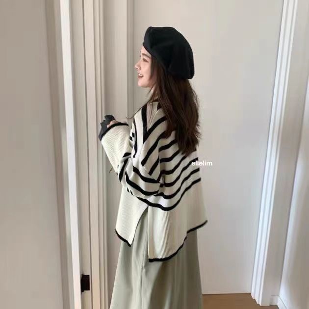 Áo sweater tay dài dáng rộng họa tiết kẻ sọc thời trang dành cho nữ