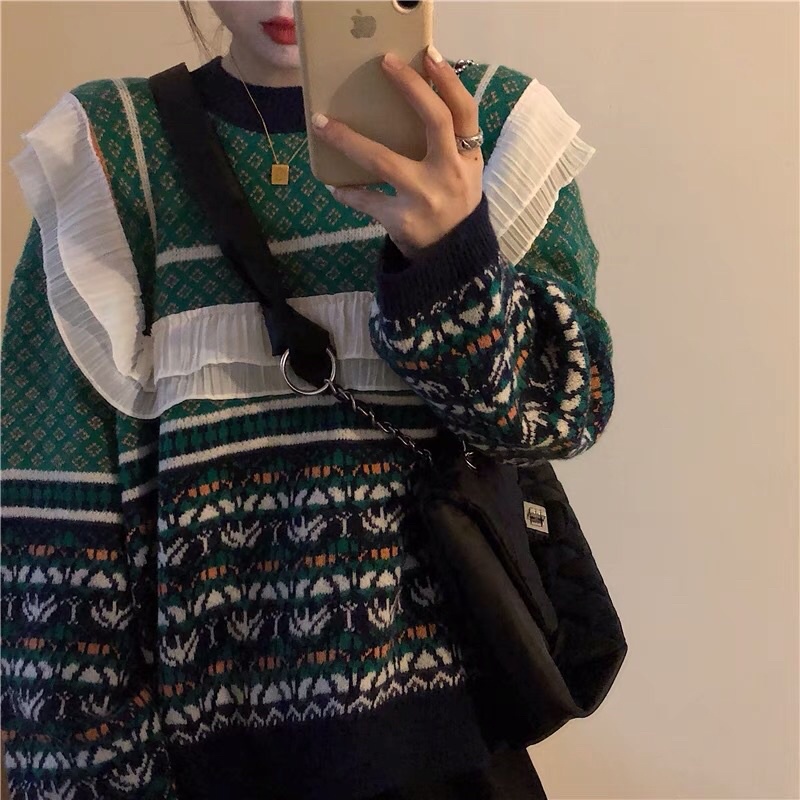 [HÀNG ORDER] Áo len bánh bèo tiểu thư thổ cẩm màu xanh hot trend mùa đông | BigBuy360 - bigbuy360.vn