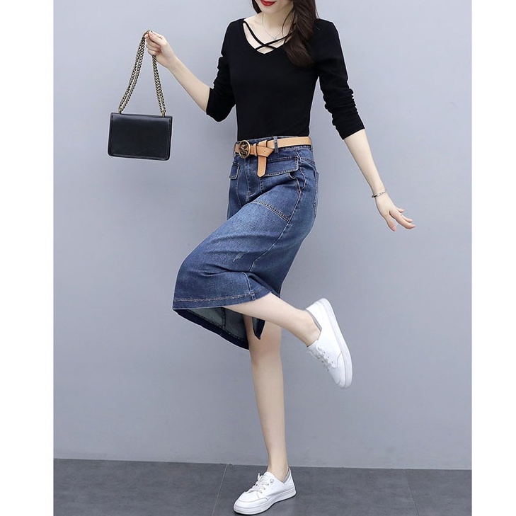 Chân Váy Bò Dáng Dài Kèm 2 Nắp Túi Cực Trend Cho Mùa Hè - Chân Váy Jean Dày Dặn Co Giãn Nhẹ Cực Kì Tôn Dáng