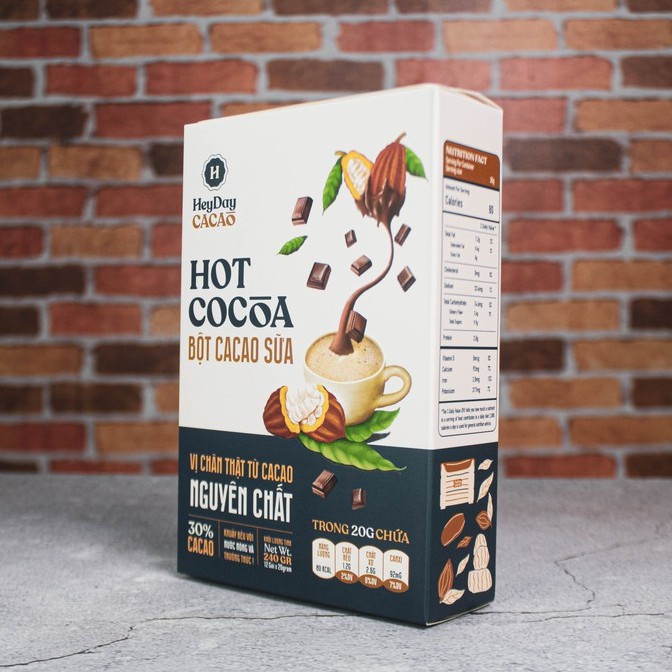 Bột Cacao Sữa Heyday - Hộp 12 gói tiện lợi x 20g - Đậm vị cacao thượng hạng và sữa tách béo tốt cho sức khoẻ