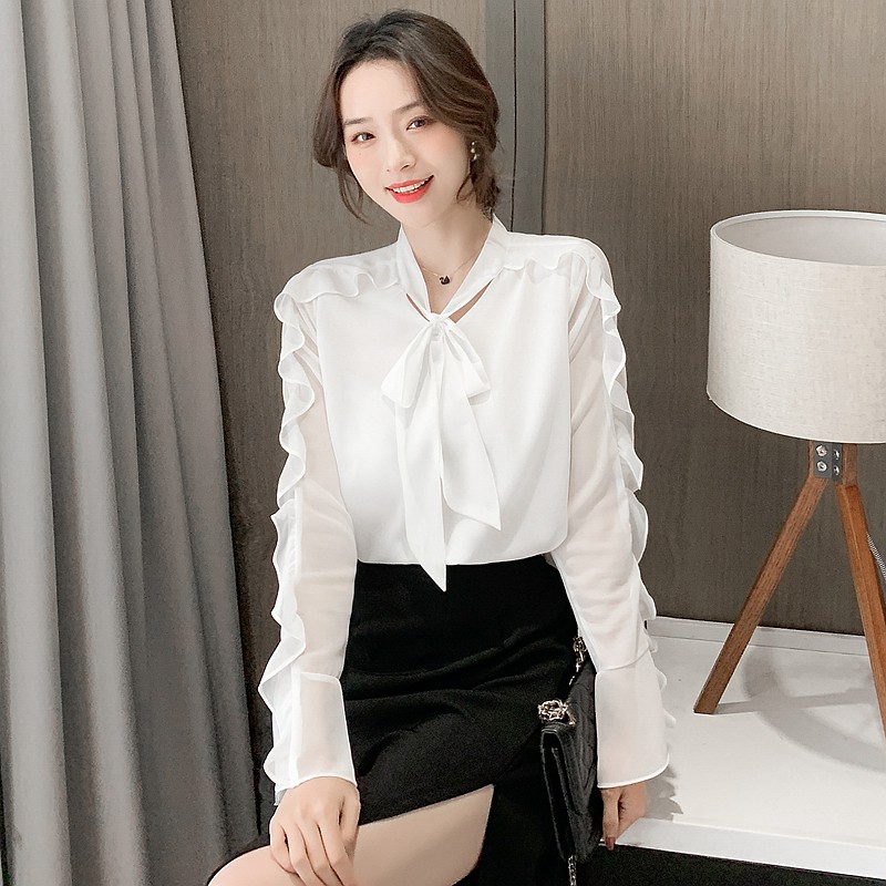 Áo Sơ Mi Voan Tay Dài Phối Diềm Xếp Nếp Phong Cách Hàn Quốc Thời Trang 2021 Cho Nữ