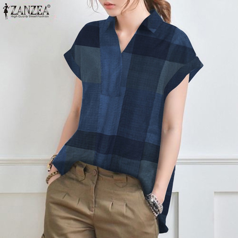 Áo sơ mi ZANZEA tay ngắn họa tiết ca rô thời trang cho nữ