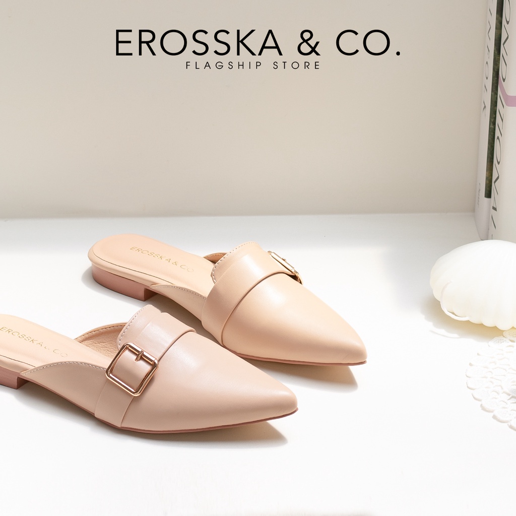 Erosska - Giày đế bệt Erosska 2022 mũi nhọn hở gót phối khoá thời trang công sở cao 2cm _ EL023