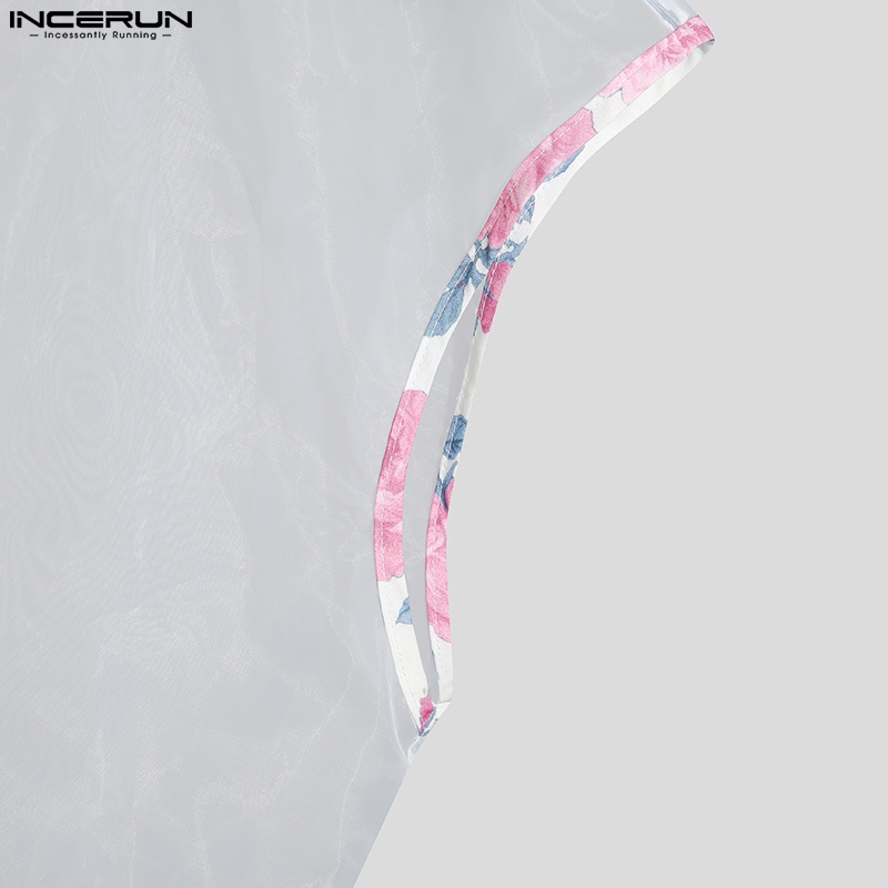 INCERUN Áo Sát Nách Trong Suốt In Hoa Thời Trang Mùa Hè Cho Nam