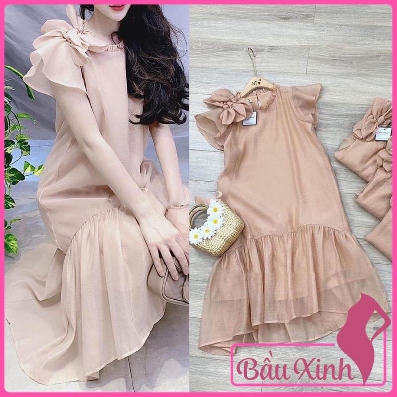 xả Váy bầu thiết kế dáng dài phối nơ vai sang chảnh