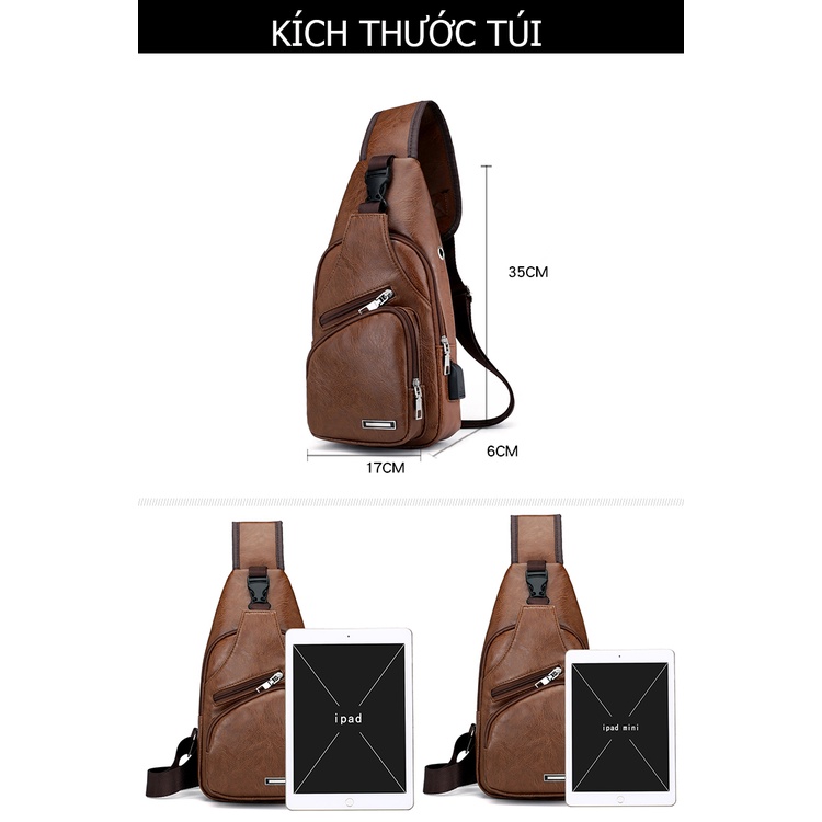 Túi đeo chéo nam da có cổng sạc USB, thiết kế nhiêu ngăn tiện dụng, có lỗ đeo tai nghe tiện lợi