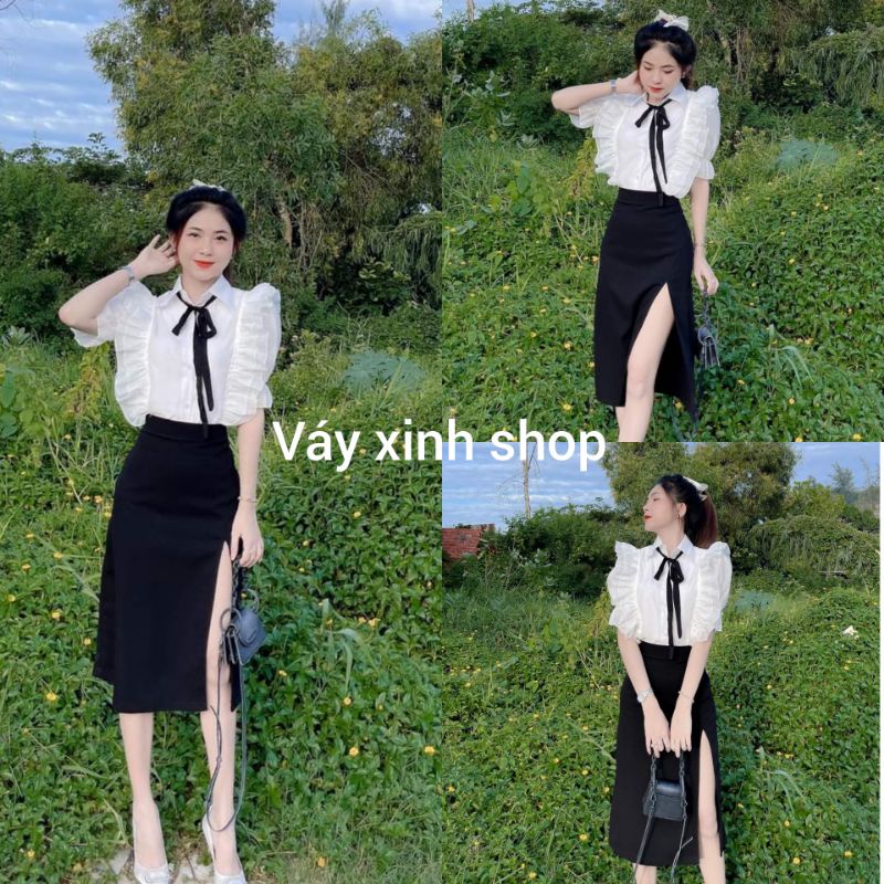 Áo sơ mi trắng viền bèo tiểu thư, chân váy xẻ tà
