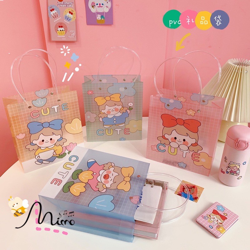 Túi đựng quà trong suốt in hình cô gái má hồng cute đáng yêu size 19*21cm