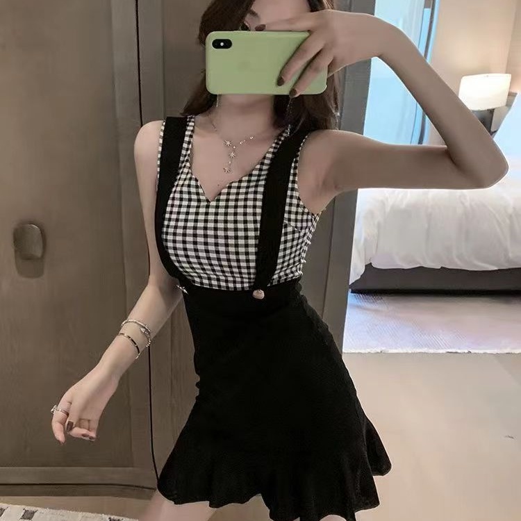 Đầm Nữ Giả Hai Lớp Cổ Chữ V Kẻ Sọc Caro Phong Cách Hàn Quốc Mới
