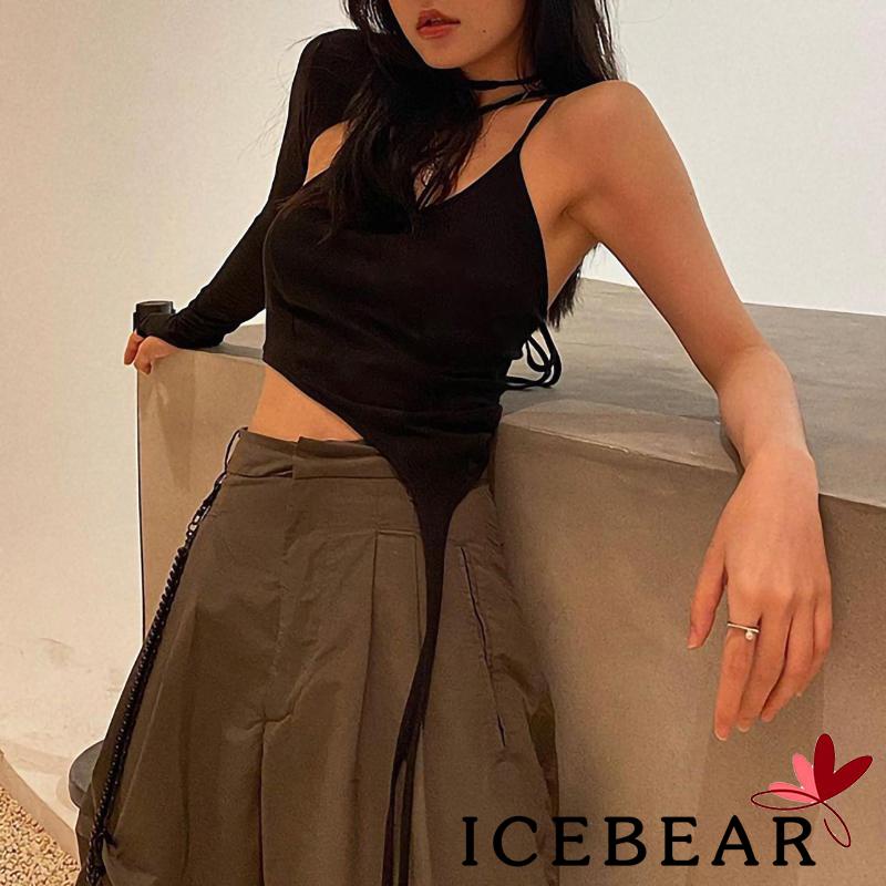 ICE-Women´s Camisole Solid Color Spaghetti Strap Short Vest with Single Long Sleeve