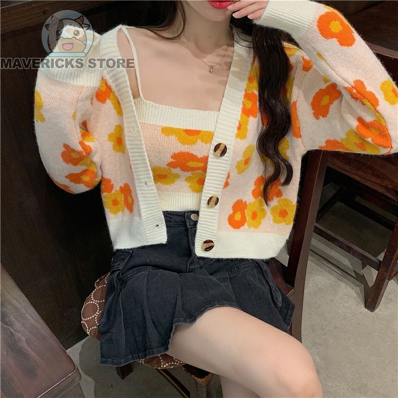 Set Áo Khoác Len Hai Dây Và Áo Khoác cardigan Họa Tiết Hoa Phong Cách Hàn Quốc Cho Nữ