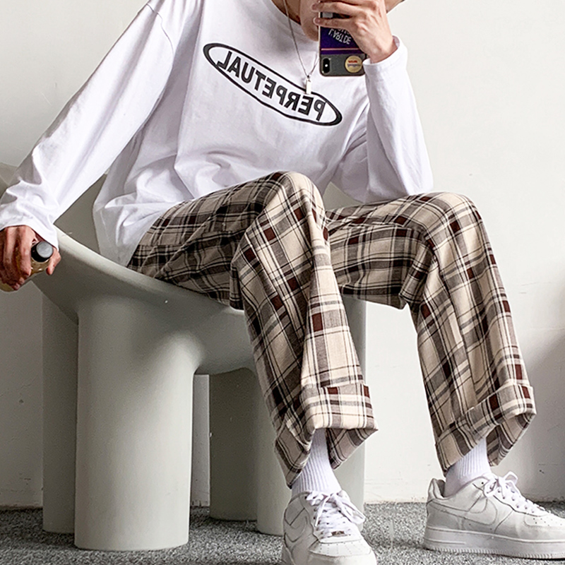 Plaid Trousers Korean Baggy Pants Casual Plaid Pant Men Fashion Straight Trourse Unisex Vintage Checkered Loose Pants Man