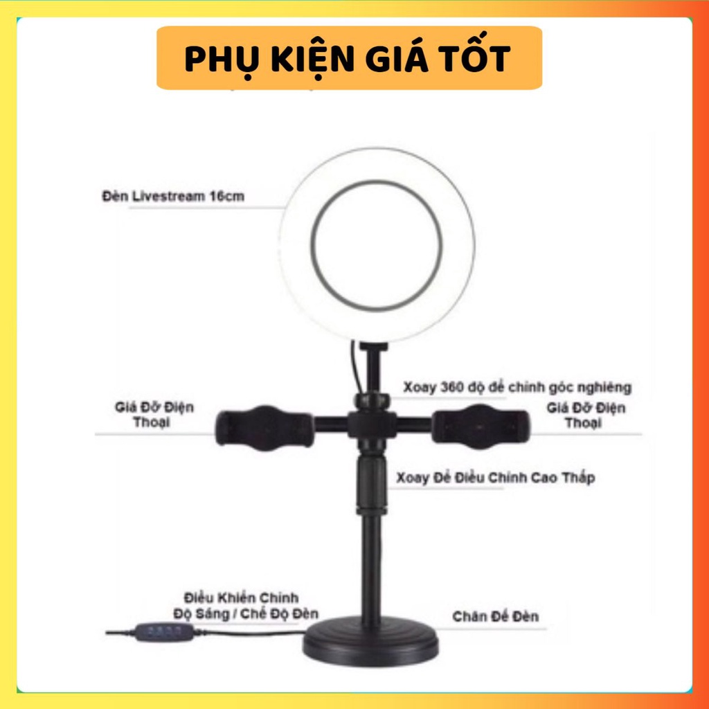 Đèn Livestream 3 in 1 Tích Hợp Giá Đỡ 2 Điện Thoại Có 3 Chế Độ Sáng, Kẹp Điện Thoại Để Bàn Quay Video