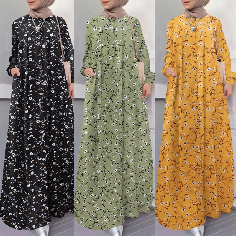 Đầm maxi Zanzea tay dài cổ tròn in họa tiết hoa thời trang cho nữ