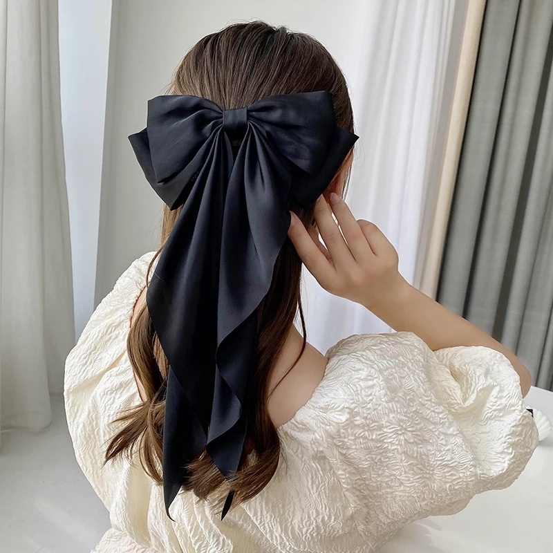 Kẹp Tóc Nơ Ruy Băng Dài Bằng Satin Cỡ Lớn Màu Trơn Thời Trang