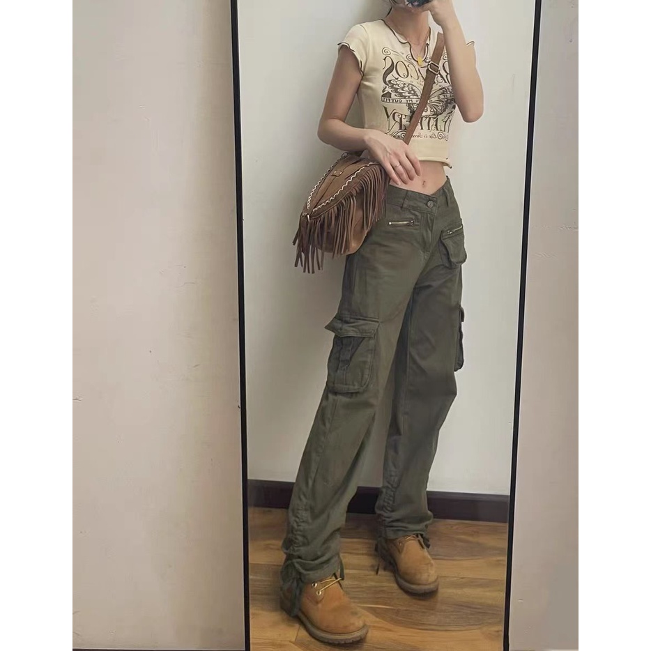 Quần Nam Yếm Denim Nhiều Túi Phong Cách Âu Mỹ Thời Trang Cho Nữ  Quần jeans ống rộng Quần bò suông màu xanh rêu độc lạ style unisex form dành cho nữ