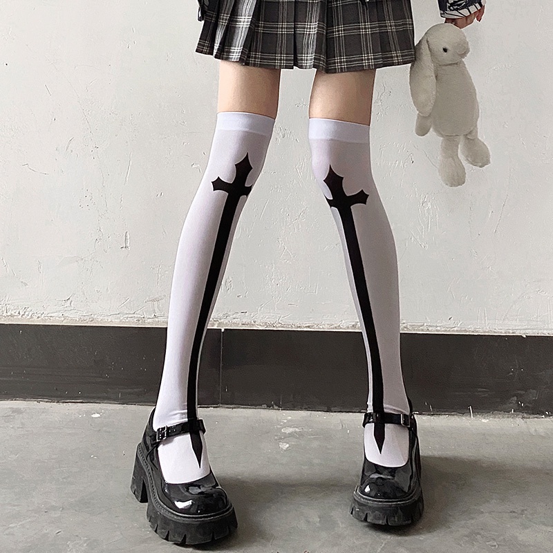 Japanese Harajuku Long Socks Festival Party Cross Cosplay Black Stockings Dark Gothic Y2K Knee Thigh Socks for Women's Skirts