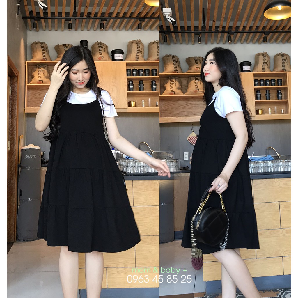 Set yếm bầu công sở babydoll đen phối áo trắng