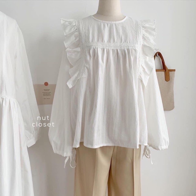 [Ảnh thật] Áo babydoll viền bèo tay bồng sơ mi trắng tiểu thư