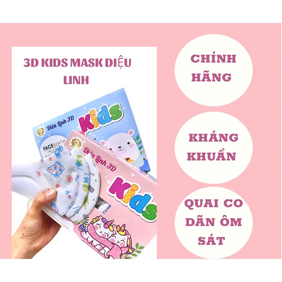 Khẩu trang kháng khuẩn trẻ em 3D Kid Mask Diệu Linh cho bé 5 tuổi - 11 tuổi, hộp 50 cái họa tiết dễ thương